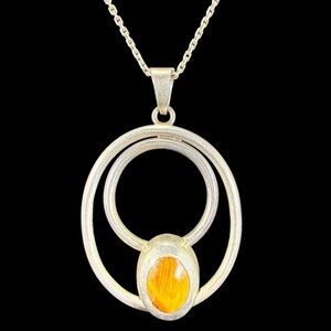 VTG Signed Mexico 925 Sterling Silver Tigers Eye Modernist Pendant Necklace